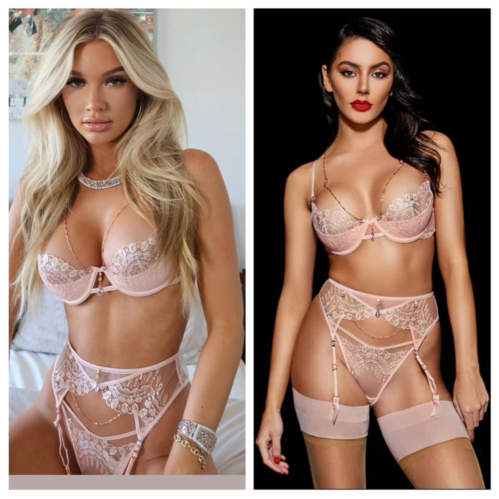 NWT Honey Birdette Ruby Pink Diamond Set Bra 32H+Suspend XS+Panty M